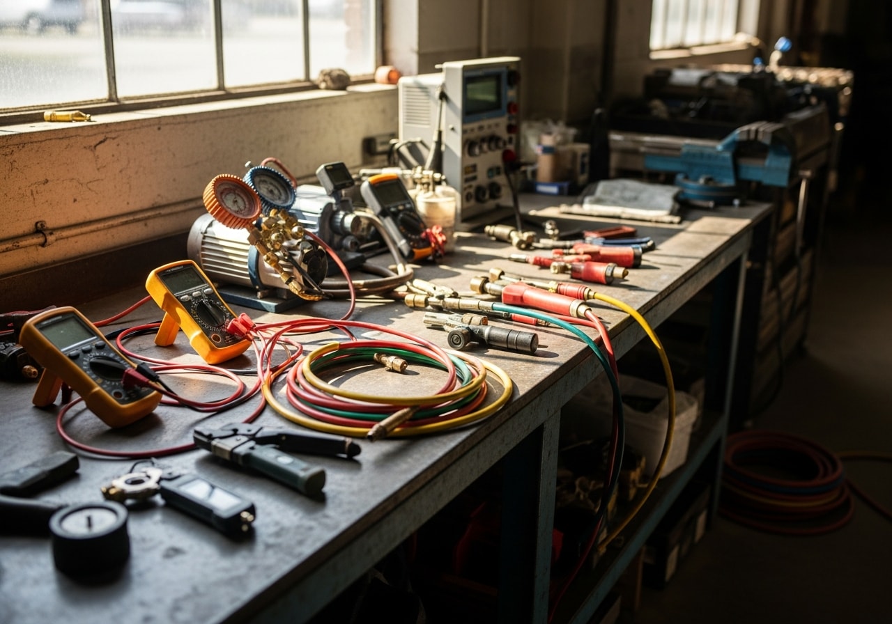 HVAC technician tools and equipment on a work bench, ready for service calls.