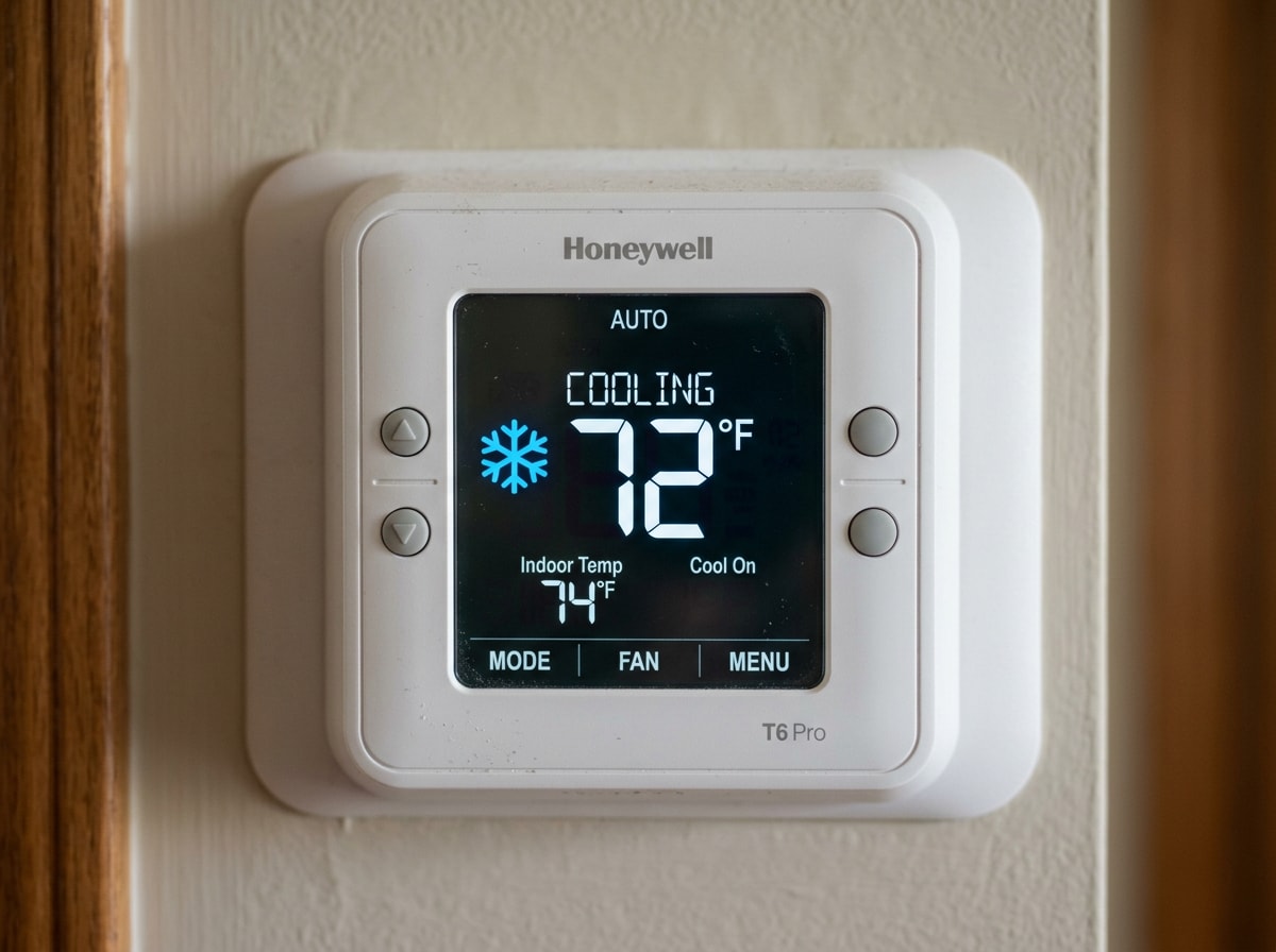 Close-up of a digital AC thermostat display showing temperature settings