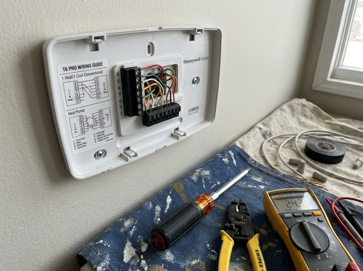 HVAC technician inspecting an AC thermostat and wiring panel