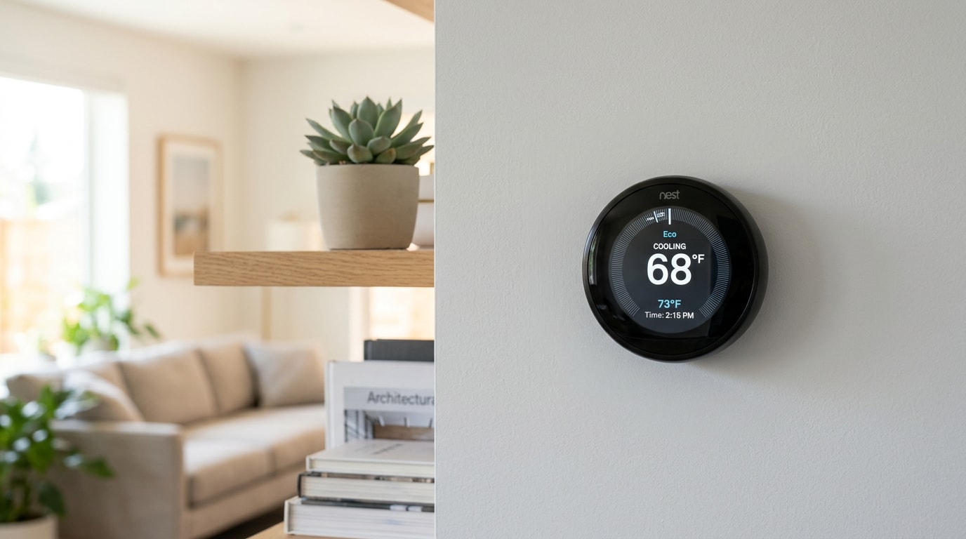 Smart AC thermostat mounted on a wall in a Florence, AL home