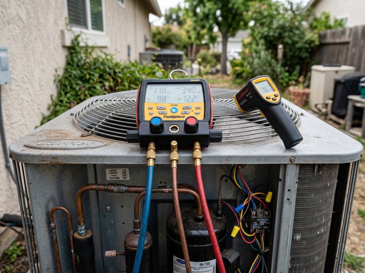 Technician performing a final airflow and temperature check on a residential outdoor AC condenser unit