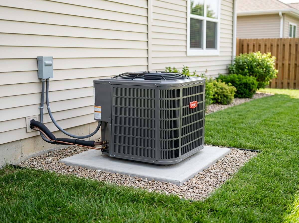 Clean, well-maintained outdoor AC condenser unit with clear airflow space on all sides