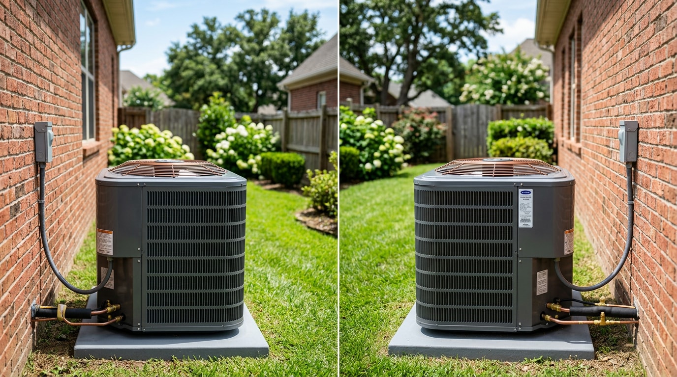 Residential central air conditioner condenser unit outside a home in Muscle Shoals, AL