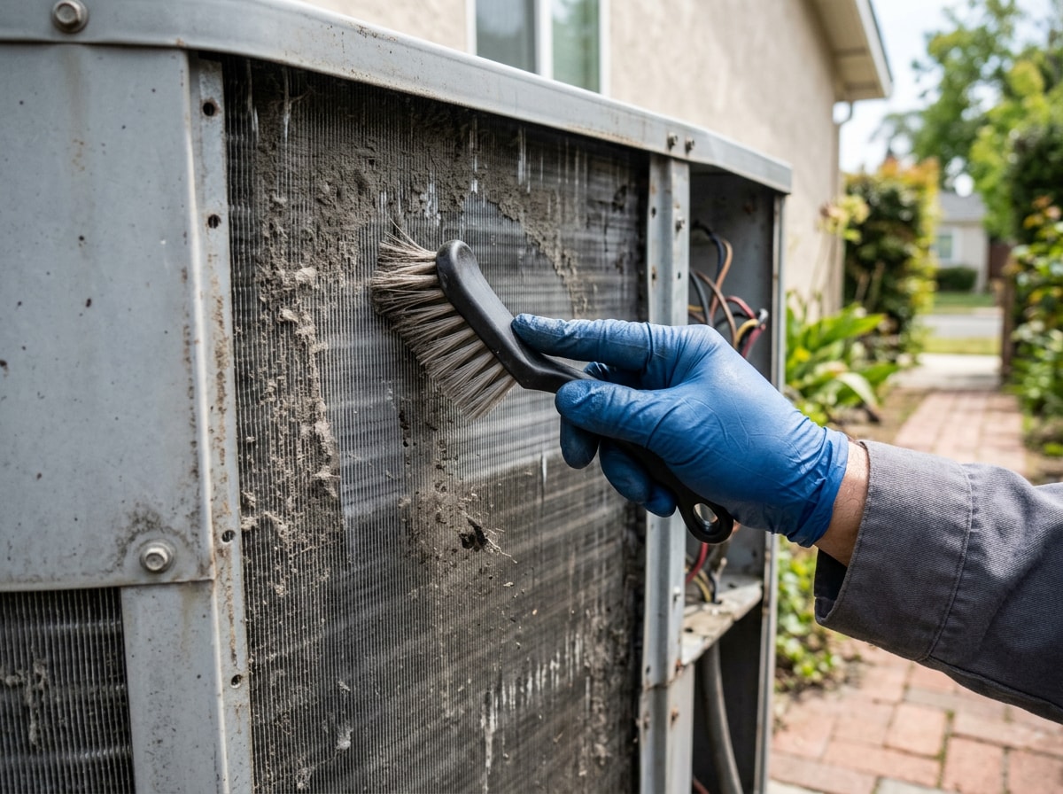 HVAC technician cleaning AC condenser coils during a tune-up in Leighton, AL