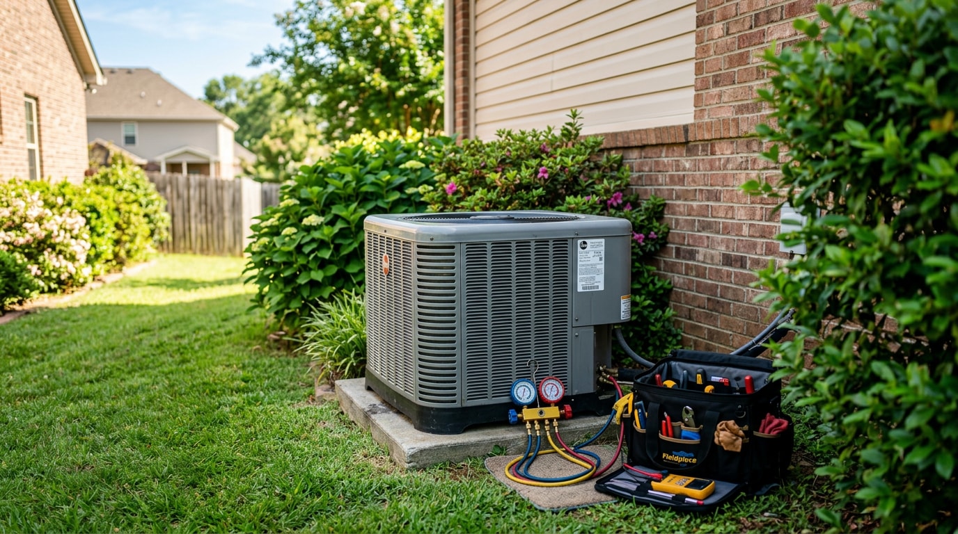 Outdoor residential AC condenser unit ready for a tune-up in Leighton, AL Outdoor residential AC condenser unit ready for a tune-up in Leighton, AL