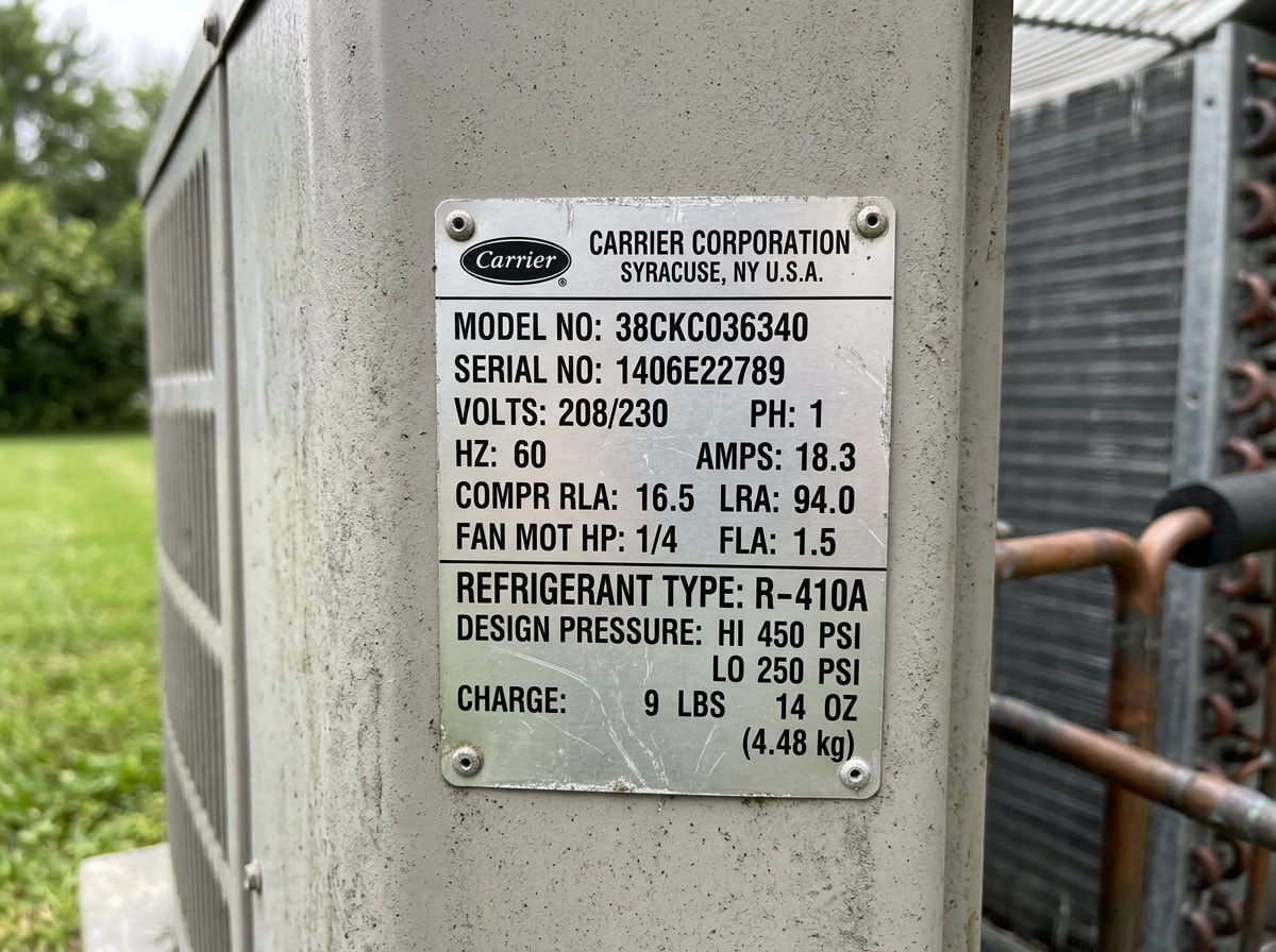 Close-up of an outdoor AC unit's data plate showing refrigerant type