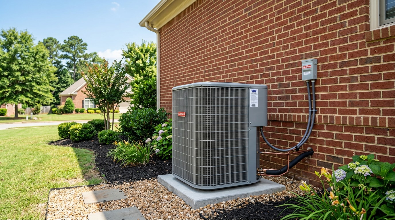 Residential air conditioning condenser unit outside a home in Littleville, AL