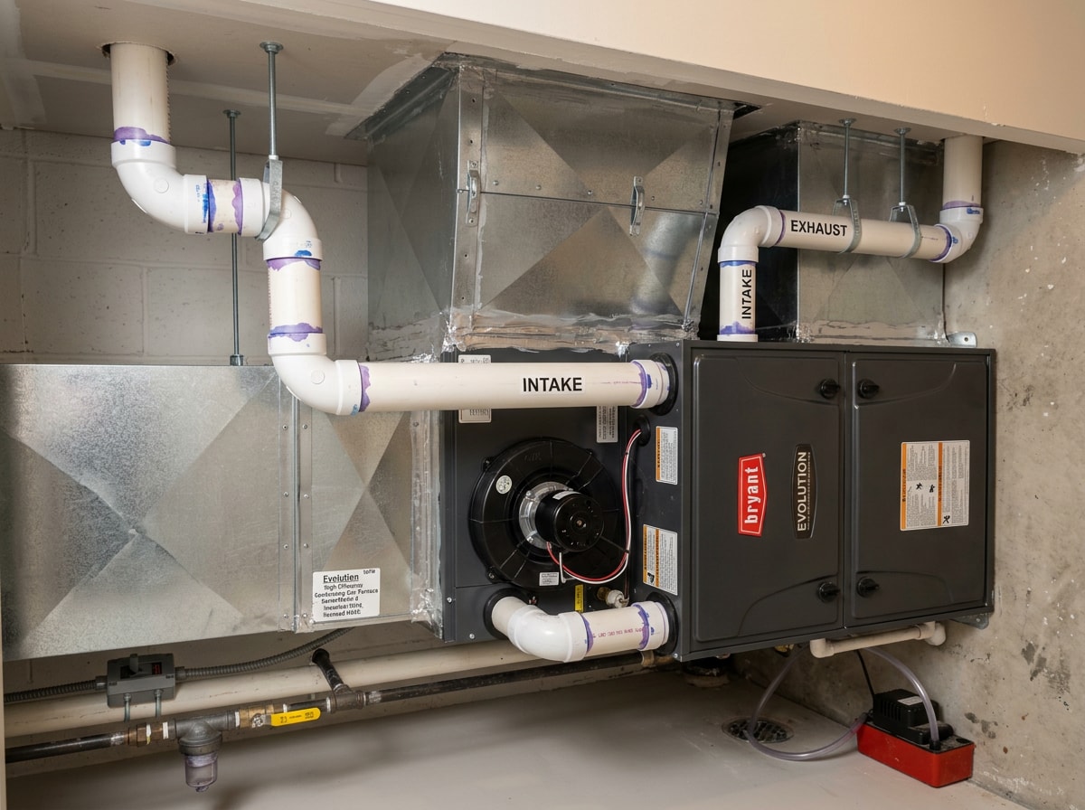 Installed high-efficiency condensing gas furnace with visible PVC intake and exhaust venting in a residential mechanical room