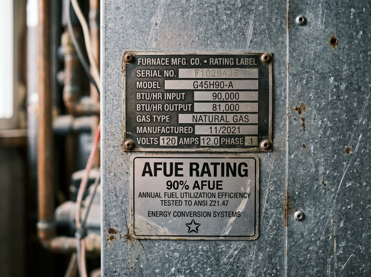 Close-up of a furnace efficiency rating label mounted on a gas furnace cabinet