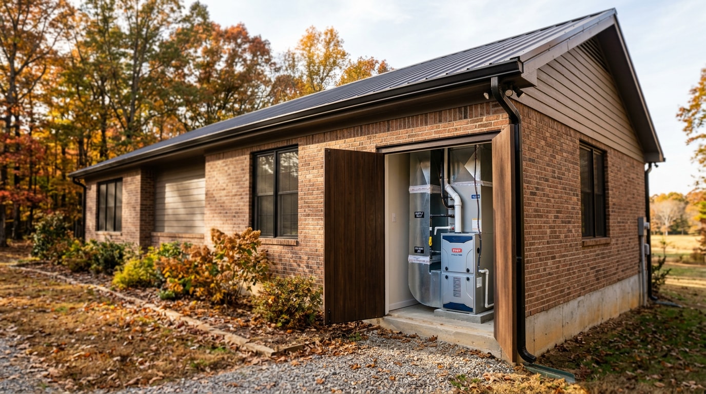 Modern high-efficiency furnace installed in a North Alabama home mechanical closet