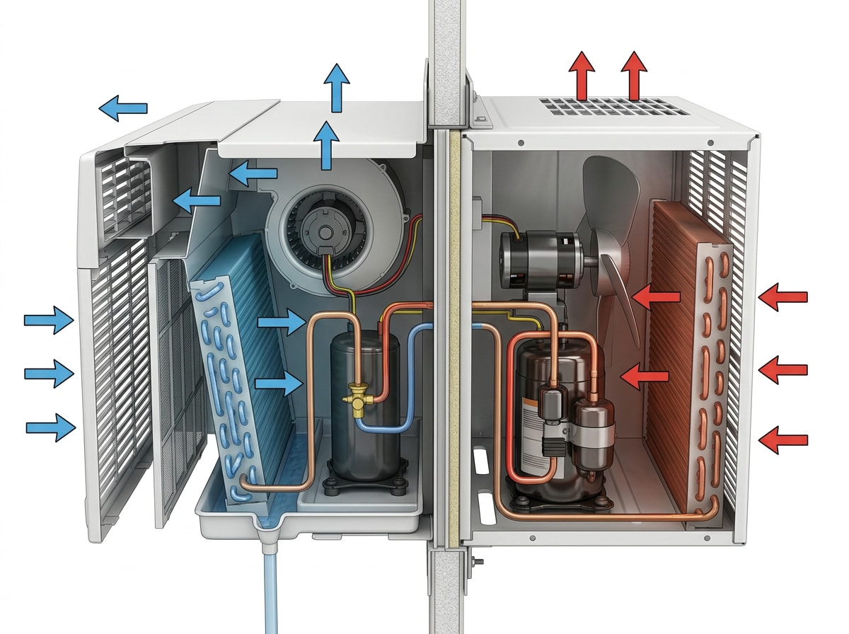 Simple diagram showing the indoor air loop and outdoor air loop of a window AC unit