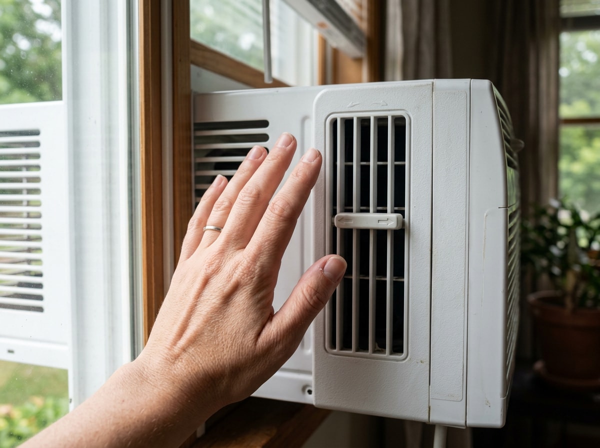 Close-up of a hand checking airflow near a window air conditioner's vent lever