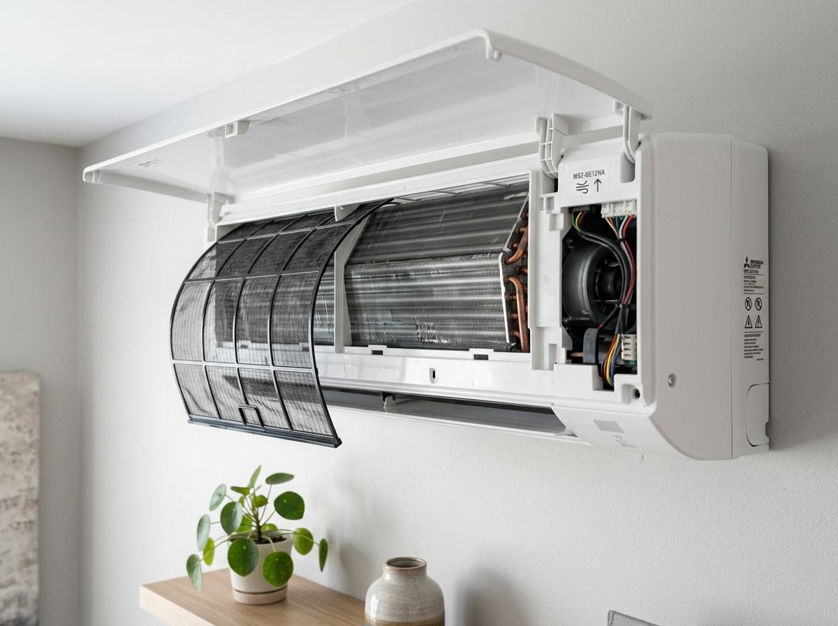 Close-up of a ductless mini-split indoor unit with the front panel open showing the filter and coil