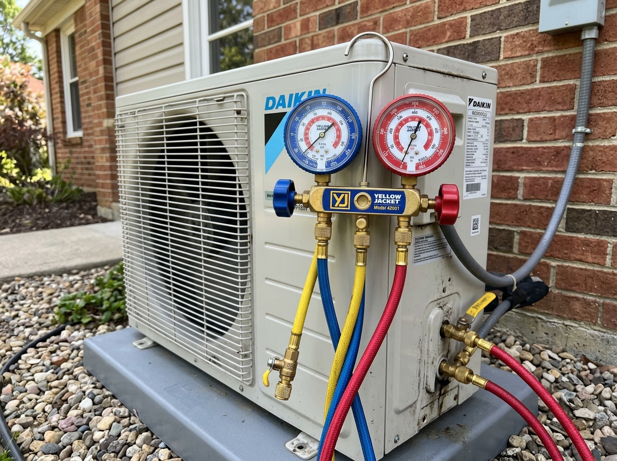 Technician's gauge set connected to an outdoor ductless condenser unit during a diagnostic check