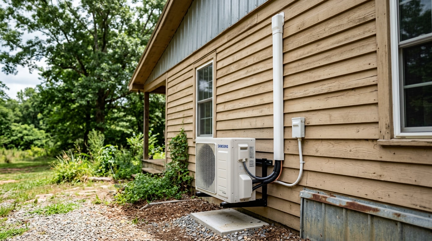 Ductless mini-split outdoor condenser unit installed on a home exterior in Russellville, AL