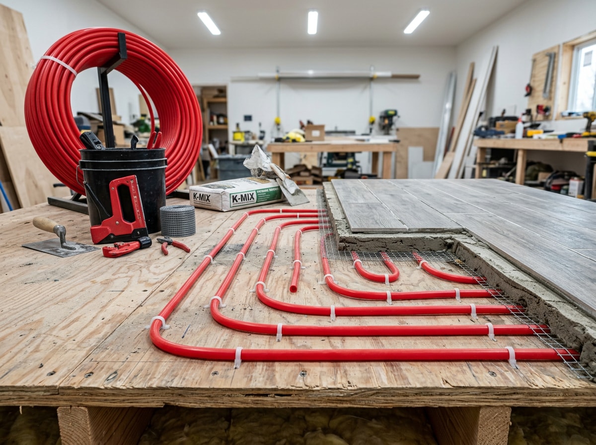 Hydronic radiant floor heating PEX tubing installed in a subfloor before tile is laid
