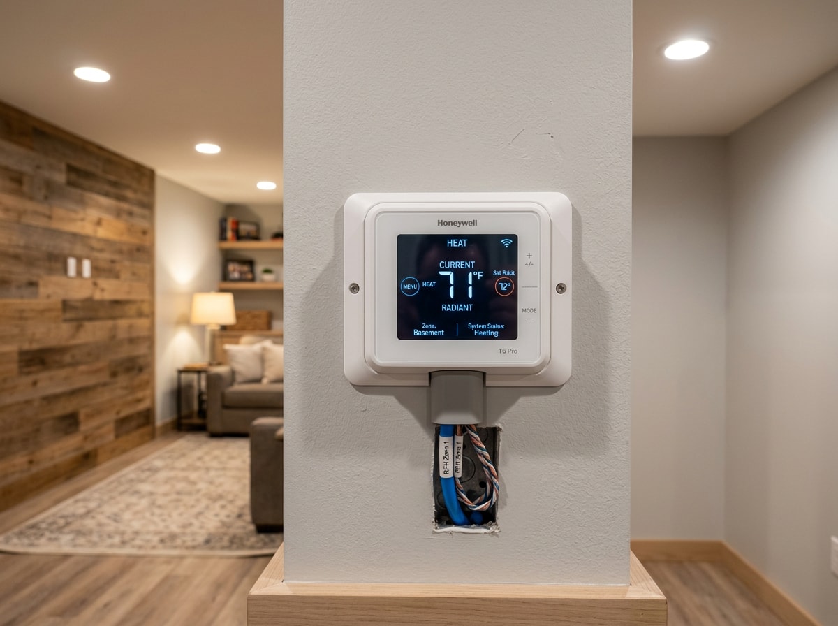 Thermostat control panel for a zoned hydronic radiant floor heating system in a finished basement
