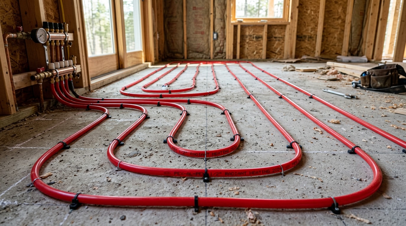Hydronic radiant floor heating tubing installed in a home subfloor Hydronic radiant floor heating tubing installed in a home subfloor