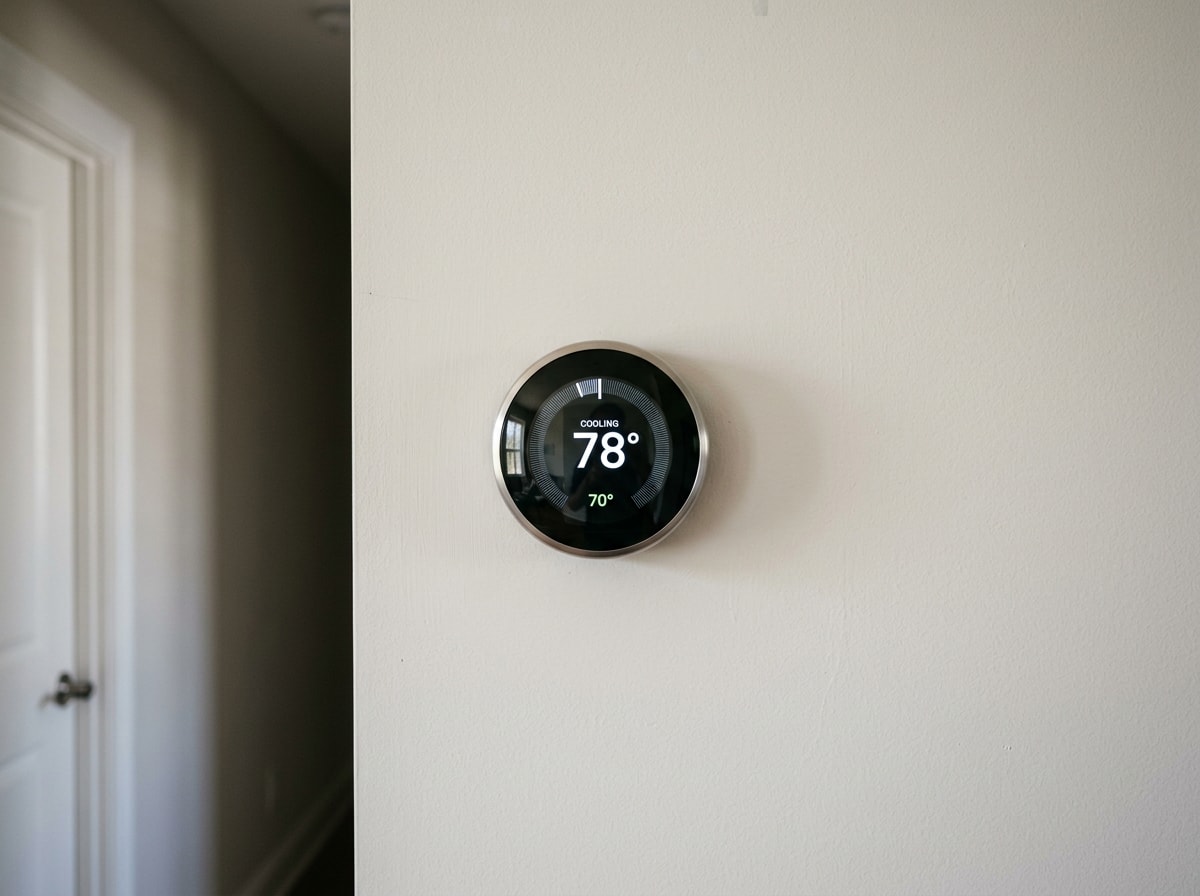 Smart thermostat on an interior hallway wall displaying a 78 degree cooling setpoint