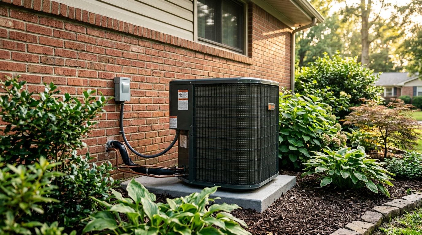 Residential central air conditioning condenser unit outside a home in Leighton, AL