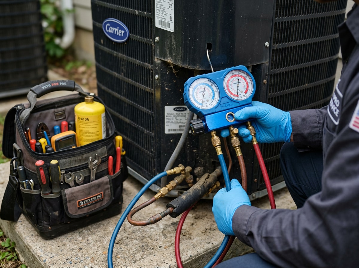 Technician inspecting an outdoor HVAC condenser unit during a repair visit in Cherokee, AL