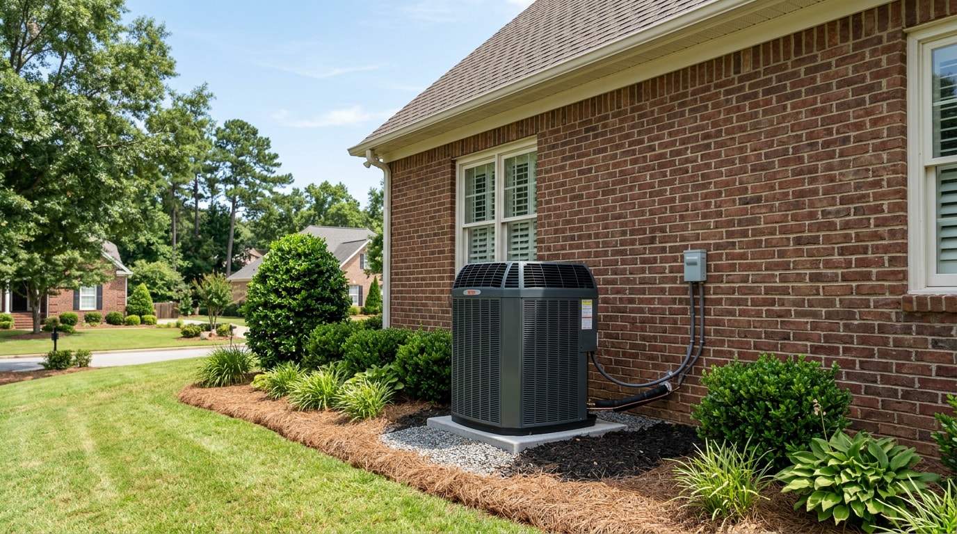 Residential outdoor HVAC condenser unit at a home in Cherokee, AL