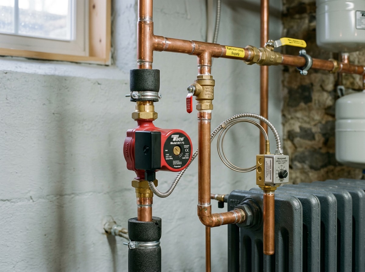 Hot water boiler with circulator pump and copper piping feeding a radiator loop