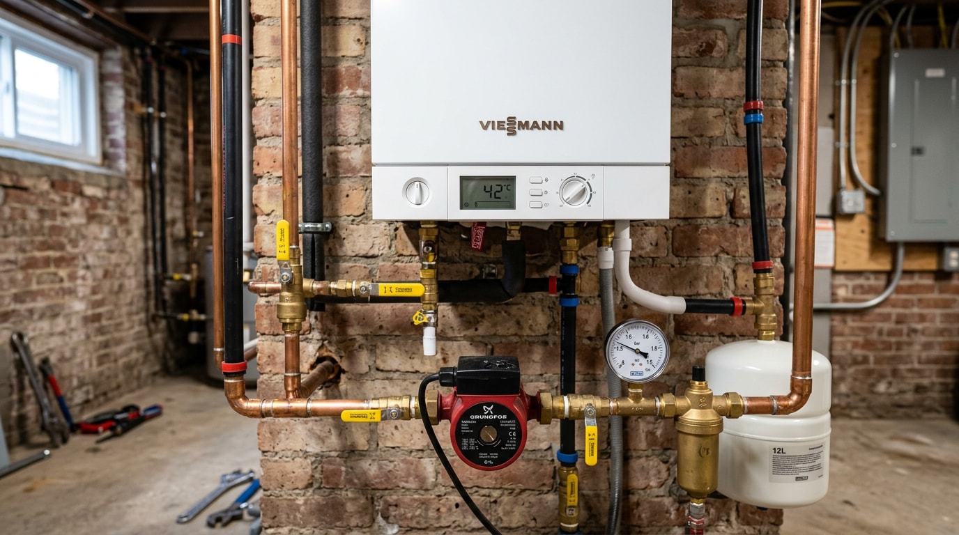 Modern hot water boiler installed in a Tuscumbia, AL home mechanical room Modern hot water boiler installed in a Tuscumbia, AL home mechanical room