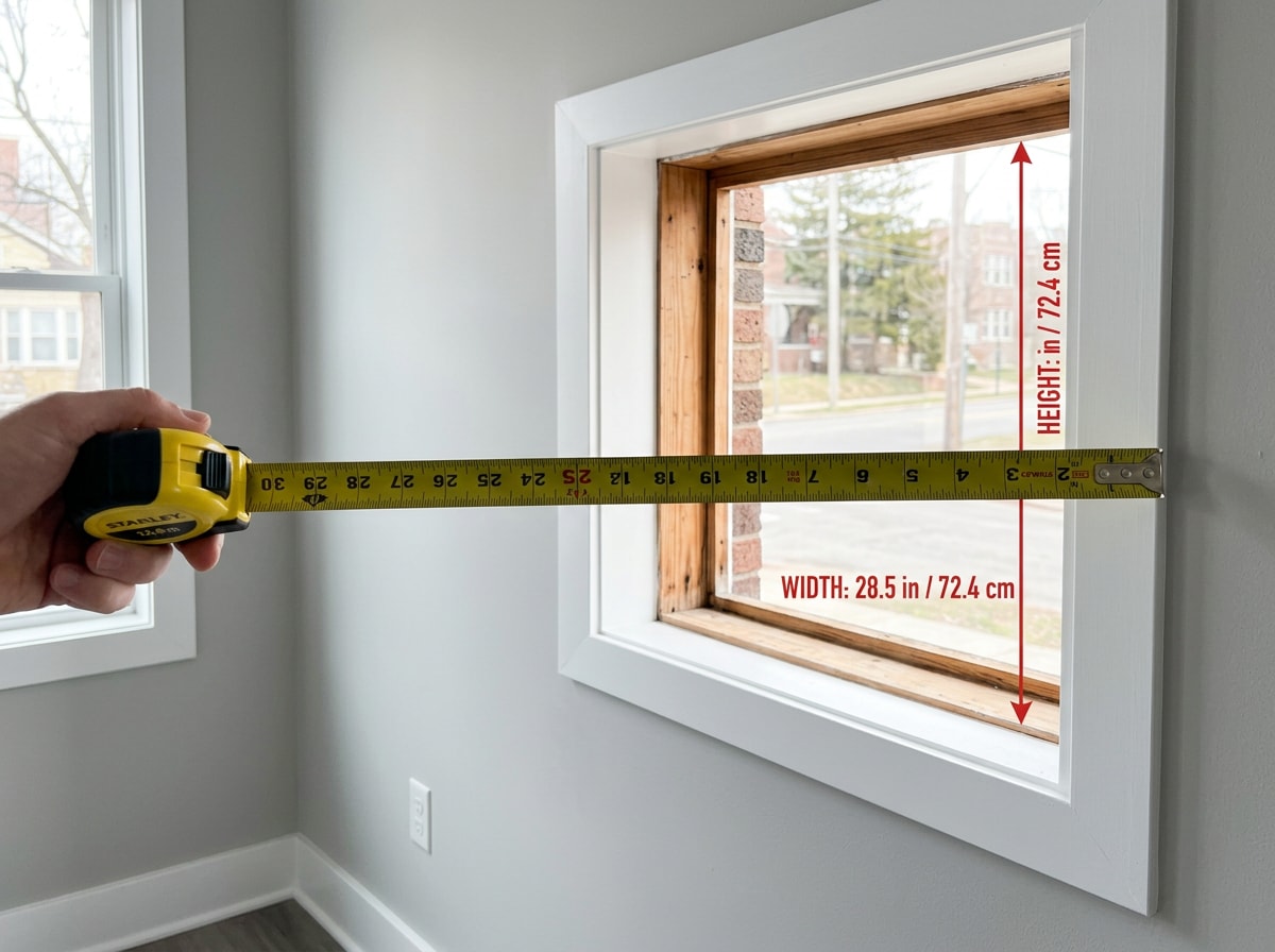 Diagram showing how to measure a window's width, height, and sill depth for a window air conditioner