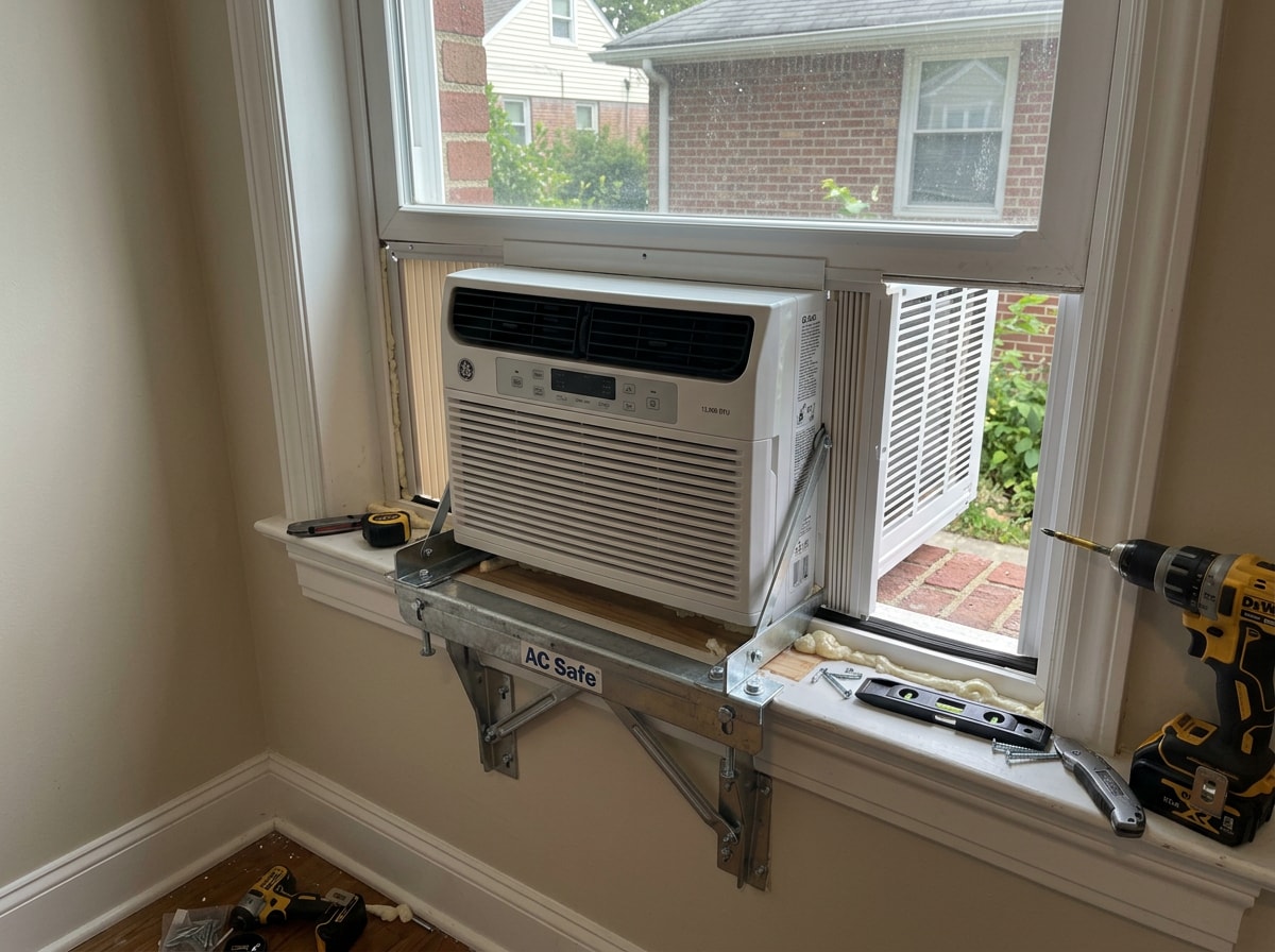 Two-person window air conditioner installation showing the unit being lowered into a window frame
