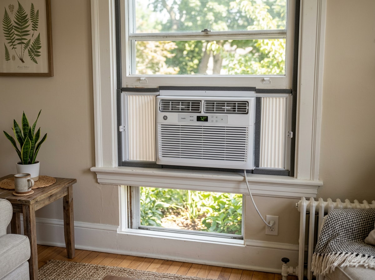 Finished window air conditioner installation with sealed side panels and weatherstripping