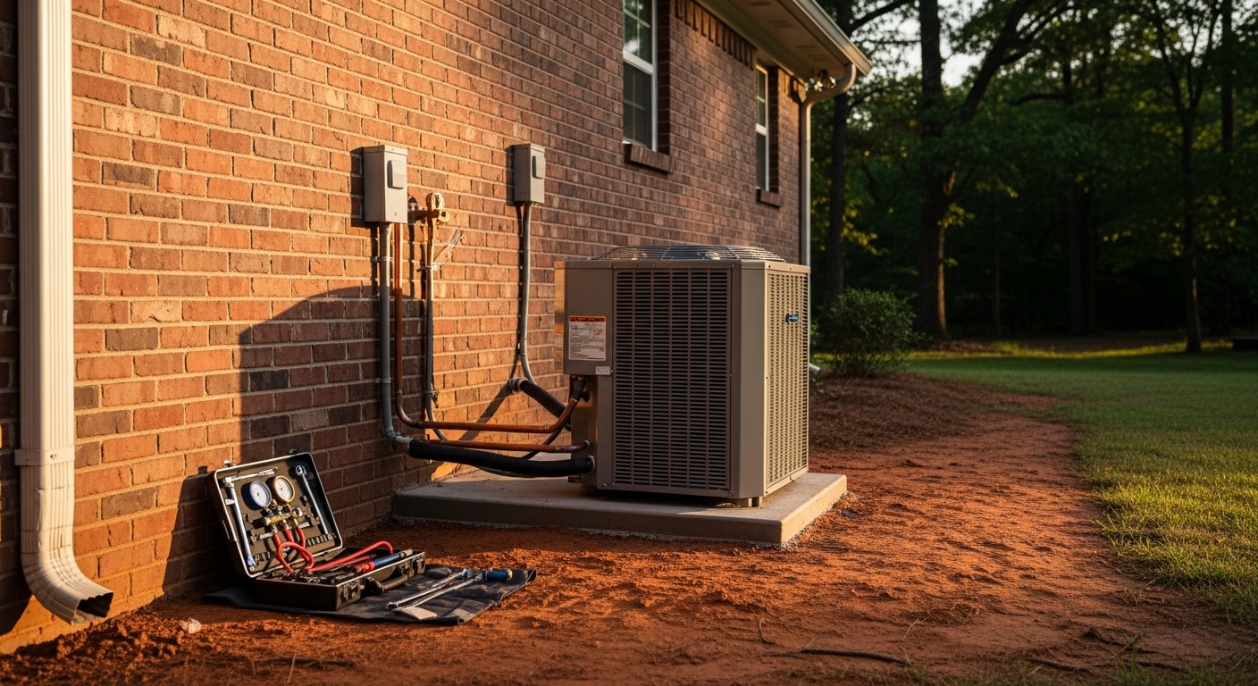 HVAC technician servicing a residential air conditioning unit