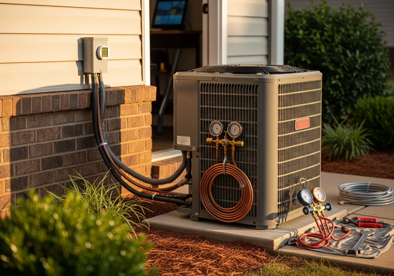 New central air conditioning condenser unit installed outside a residential home in Muscle Shoals