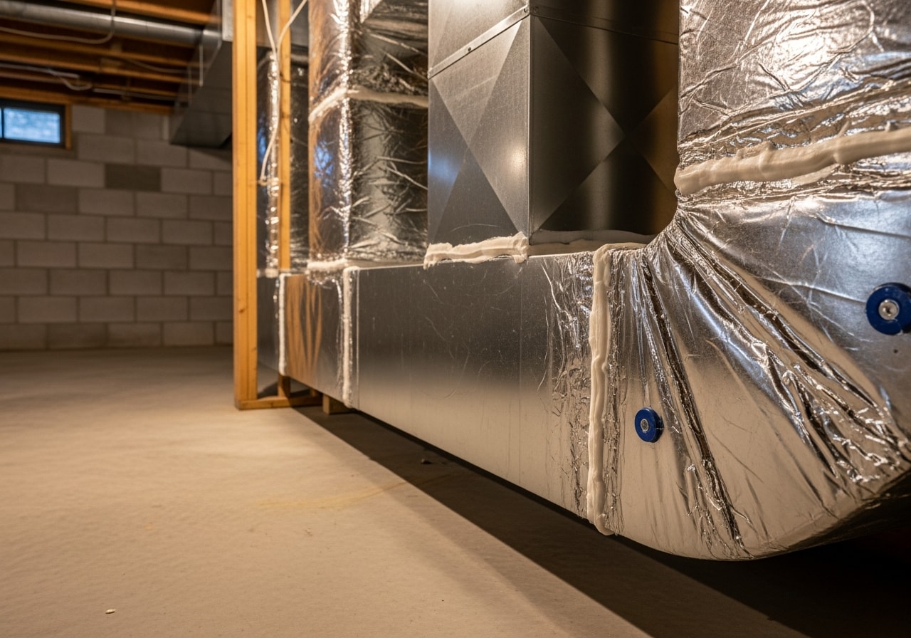 Sealed and insulated ductwork in basement showing mastic application and insulation wrap in Sheffield
