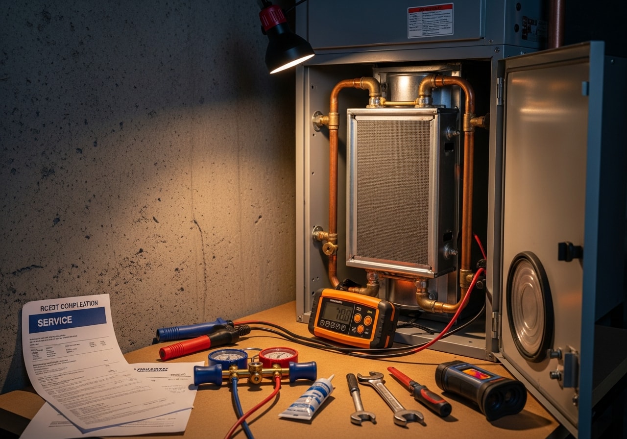 Technician working on furnace repair inside a residential basement in Florence