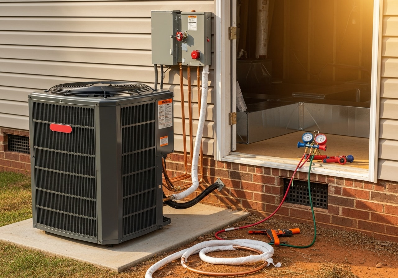 Outdoor heat pump unit installed at residential home in Muscle Shoals with new refrigerant lines