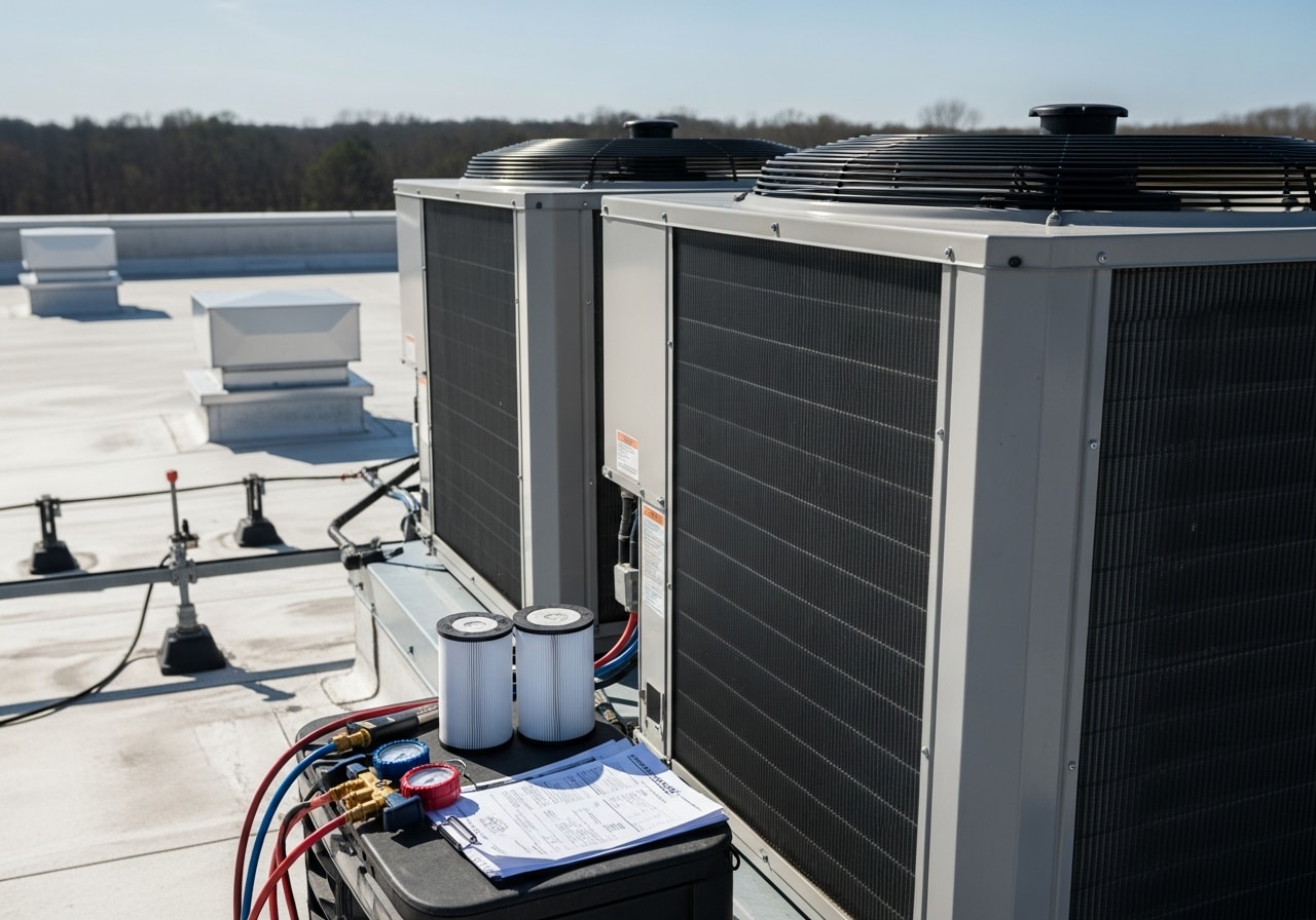 HVAC technician performing routine maintenance on rooftop air conditioning unit in Tuscumbia