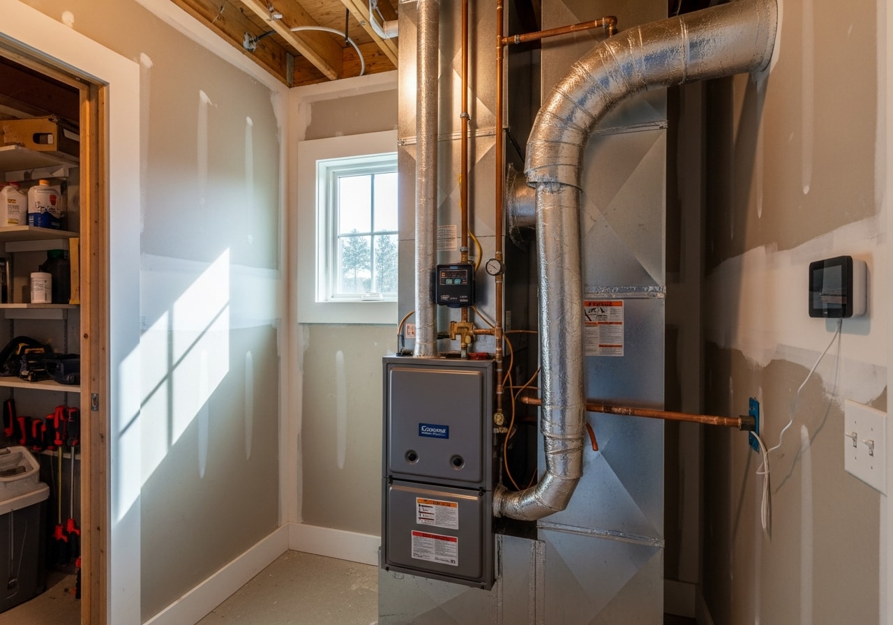New furnace and air conditioning system installed during complete HVAC replacement in Tuscumbia