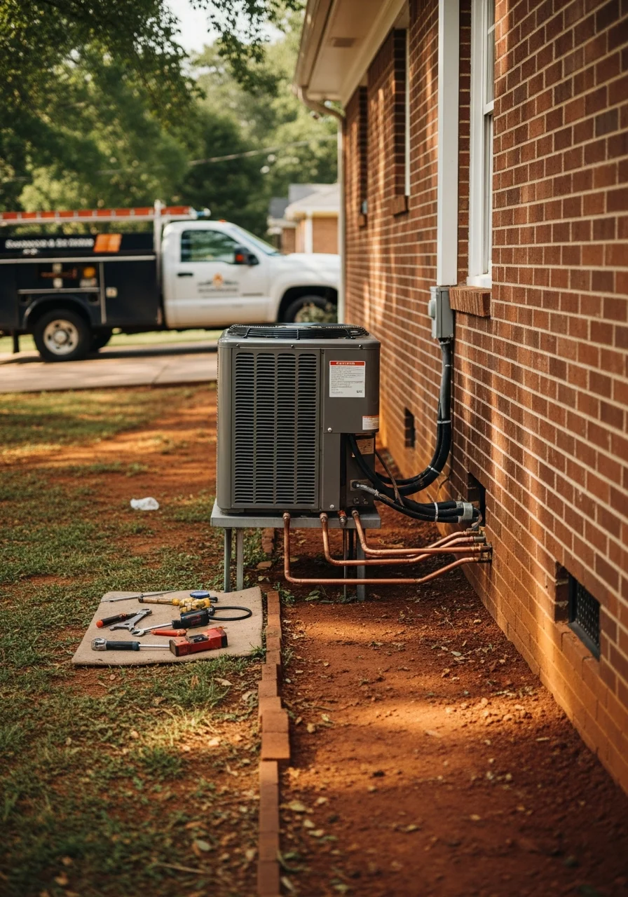HVAC technician servicing heating and cooling system in Littleville home