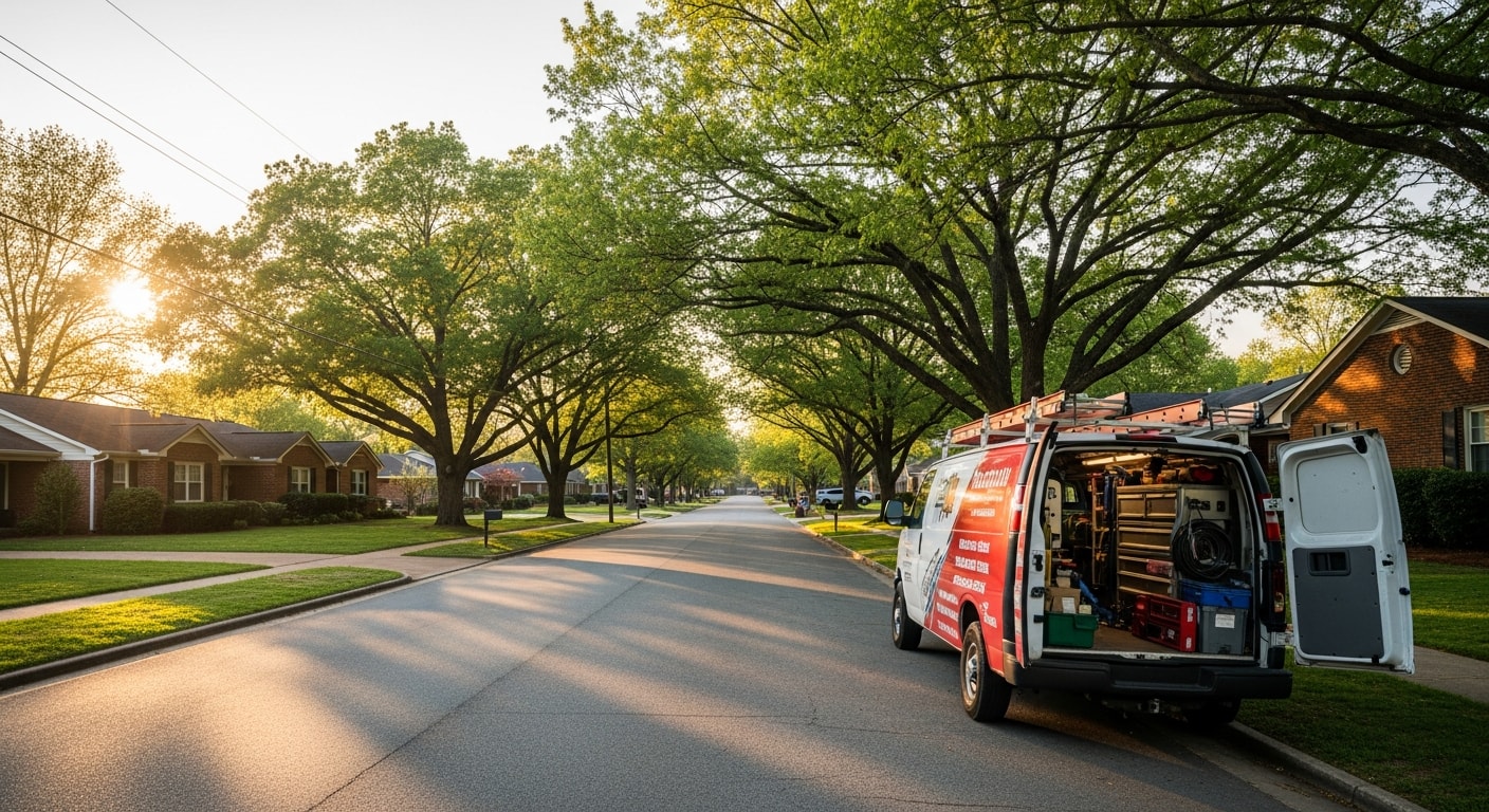 Residential street in Muscle Shoals with brick homes and mature trees lining the sidewalk.