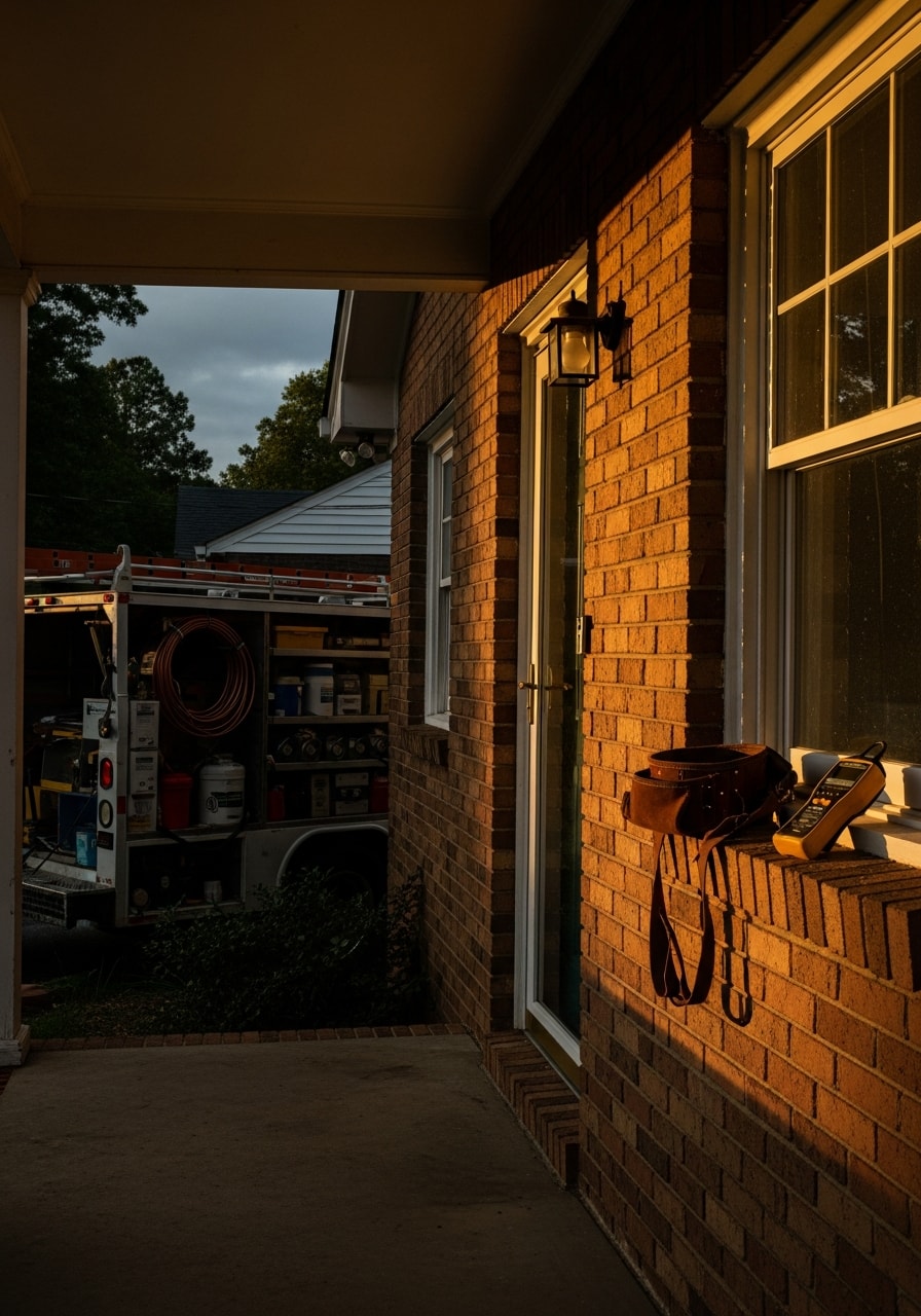 Professional service worker holding tools and smiling in front of a Sheffield home entrance.