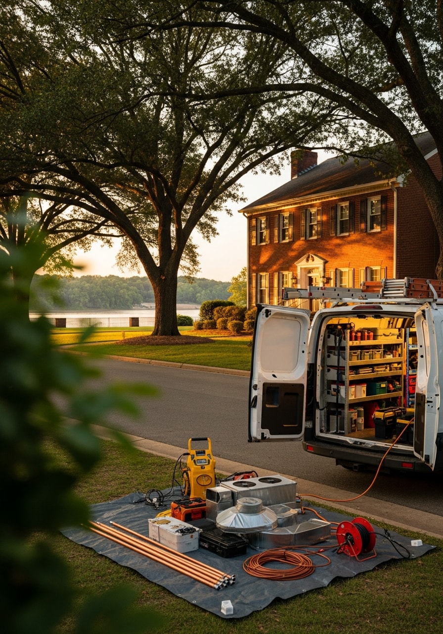 Skilled technician in work attire standing beside a Tuscumbia home with river views in background.