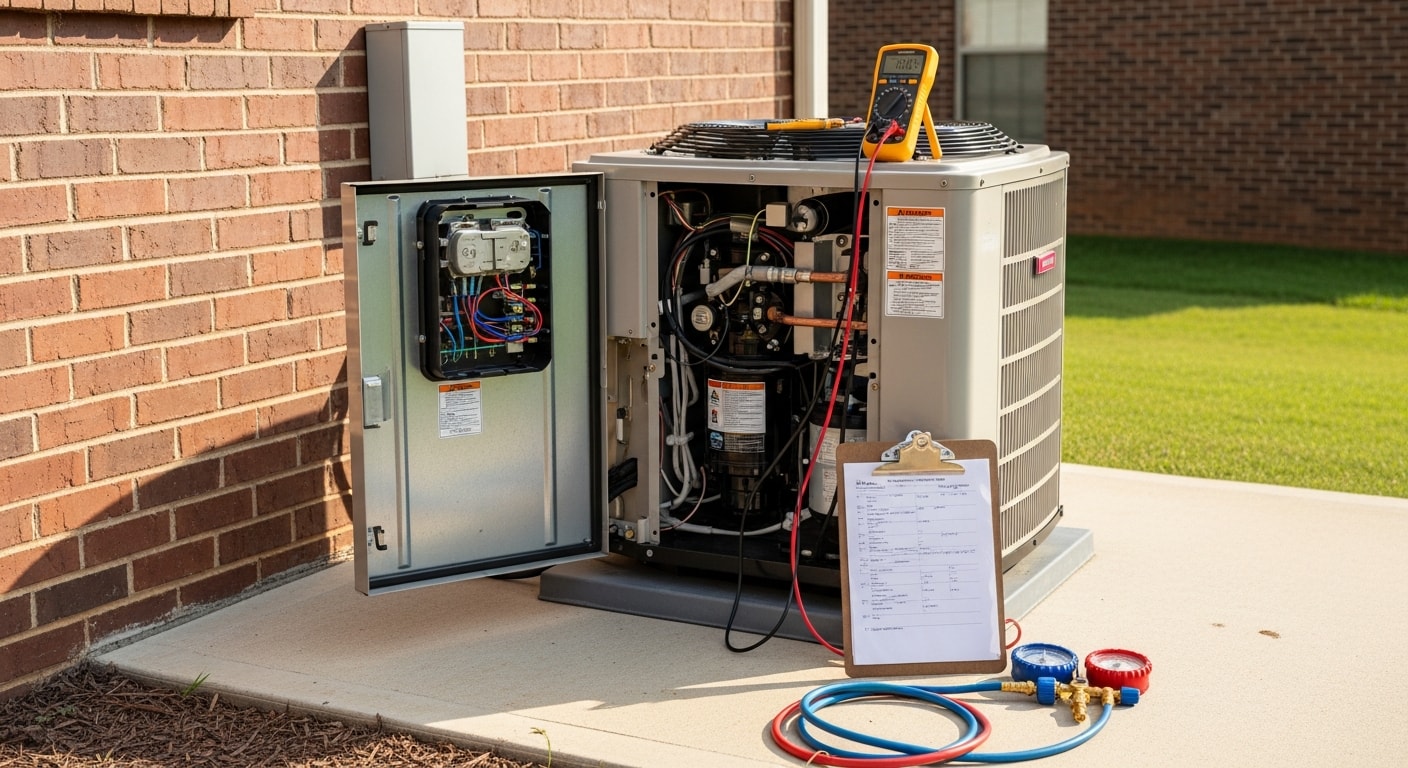 A Henn Heating and Air technician inspecting an outdoor AC condenser unit at a residential home in Muscle Shoals, AL. The technician checks compressor components on a clear summer day with the unit's access panel open.