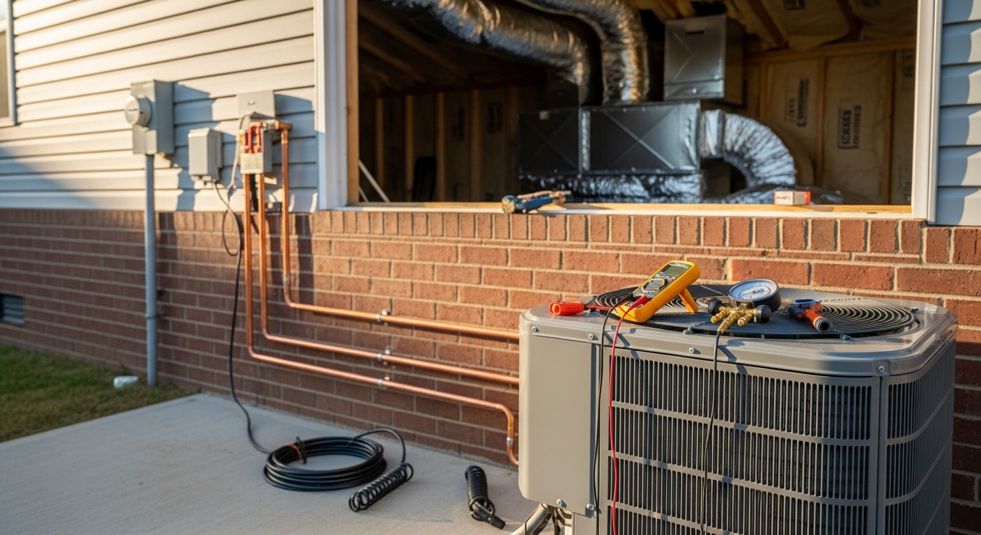 A newly installed central air conditioning outdoor condenser unit positioned beside a single-family brick home in Muscle Shoals, AL. A Henn Heating and Air technician checks the system connections during post-installation testing.