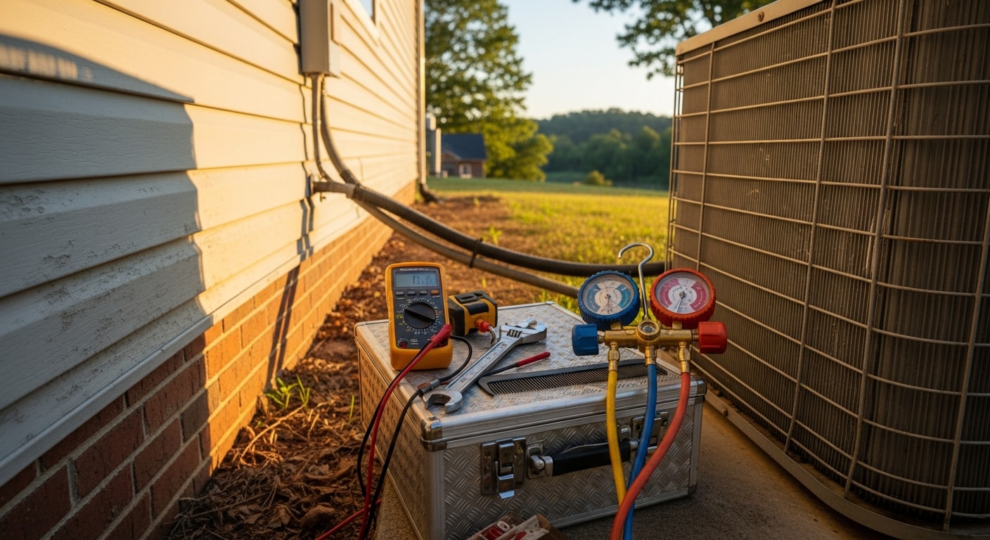 A Henn Heating and Air technician inspecting the outdoor condenser unit of a central air conditioning system at a residential home in Muscle Shoals, AL. The technician is checking coil condition and electrical connections during a routine maintenance visit.