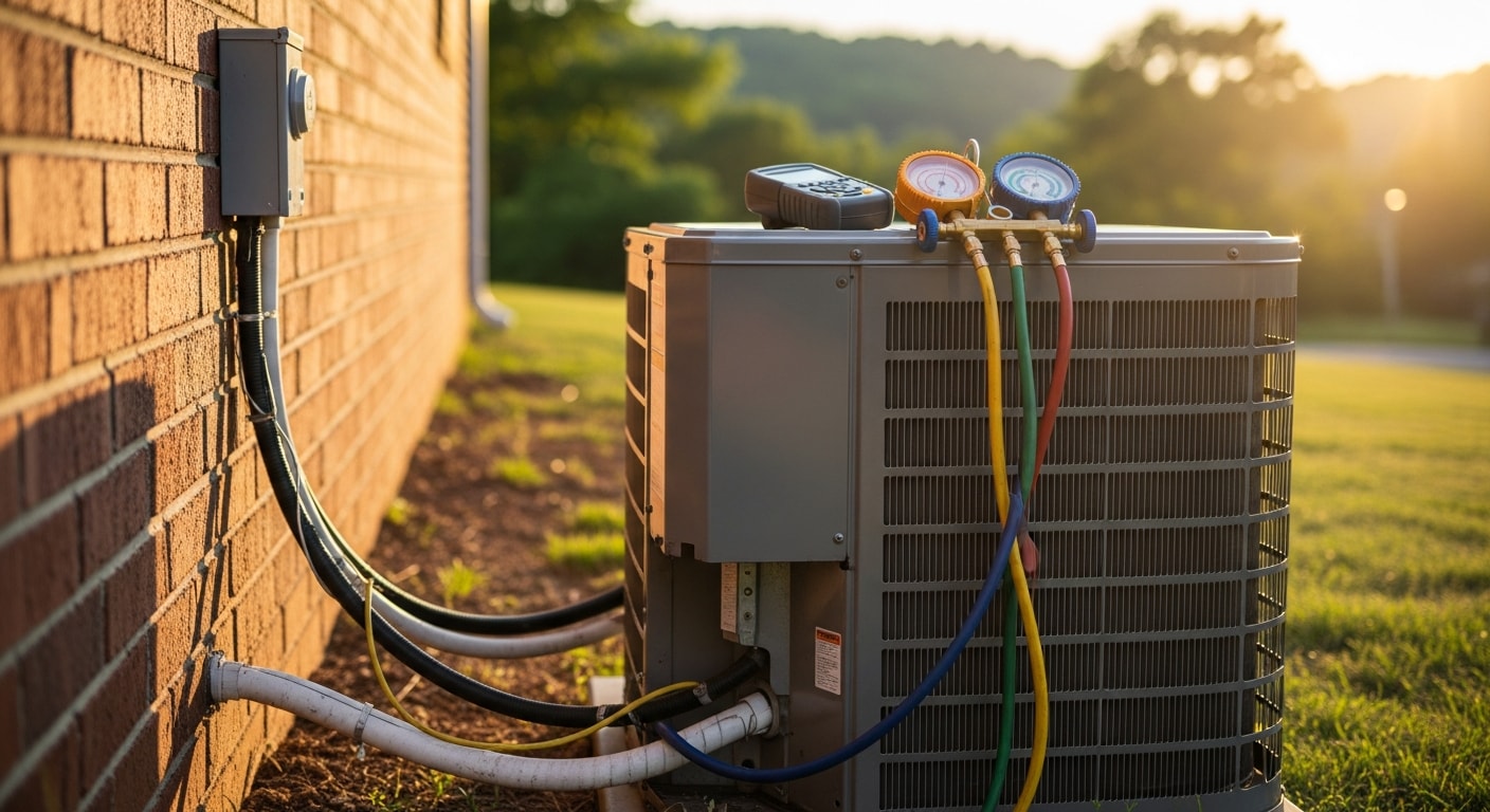 A Henn Heating and Air technician inspecting an outdoor AC condenser unit at a residential property in Muscle Shoals, AL. The technician checks refrigerant lines and electrical connections on a central air conditioning system during a summer repair visit.