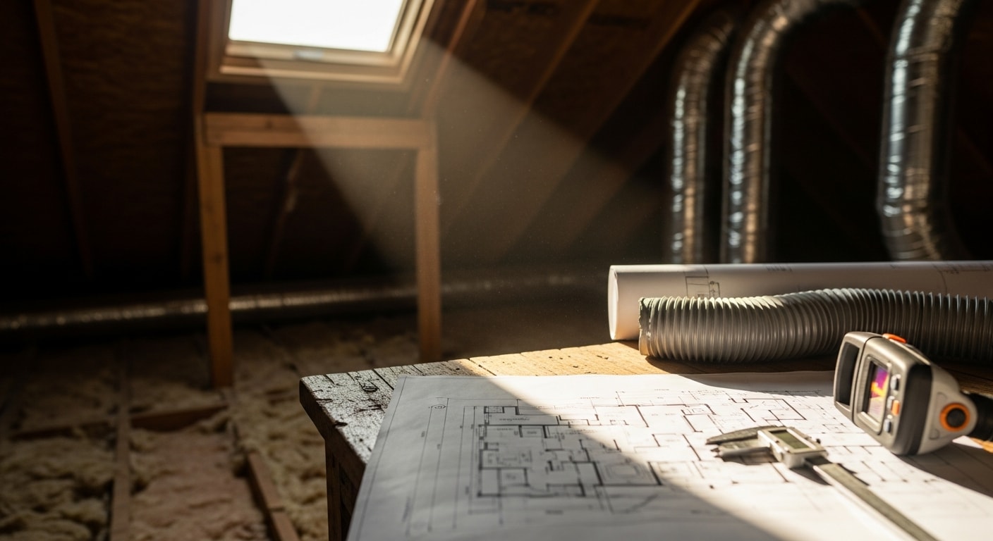An HVAC technician reviewing a ductwork layout diagram inside a Muscle Shoals home during a design consultation. Existing duct runs in an attic space are visible in the background.