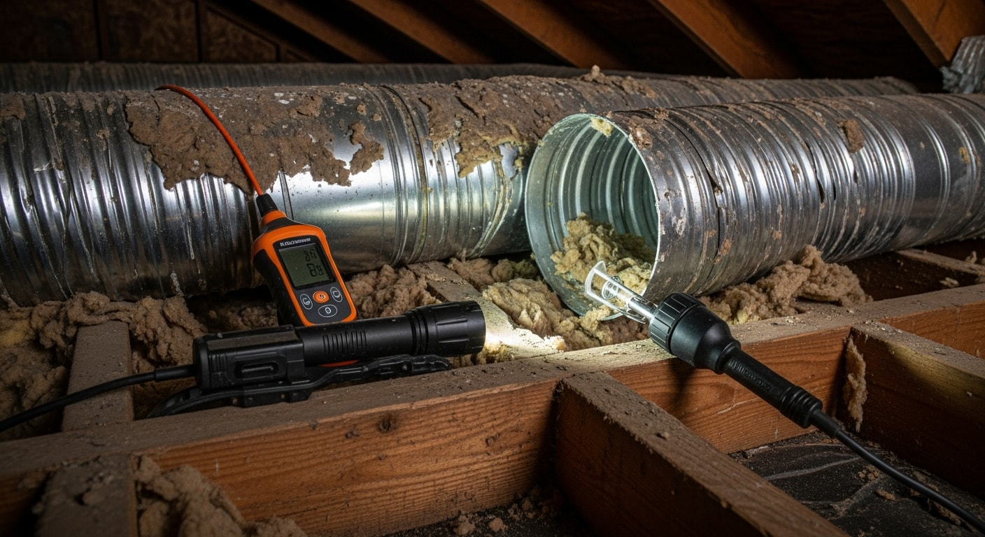 An HVAC technician inspecting flexible ductwork in the attic of a Muscle Shoals, AL home, checking connections and insulation for leaks and wear. The technician uses a flashlight to examine a duct joint near an air handler unit.