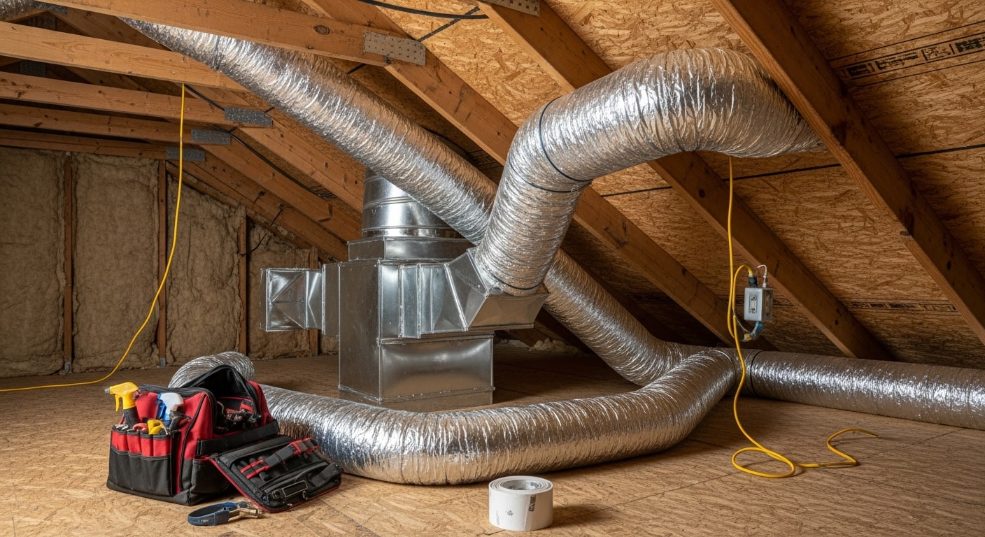 A technician sealing a disconnected flex duct joint in the attic of a Muscle Shoals, AL home. The repaired section shows fresh mastic sealant applied around the connection point.