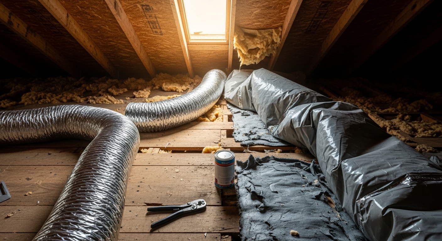 A Henn Heating and Air technician installing new sheet metal ductwork in the attic of a Muscle Shoals, AL home. The image shows properly connected and insulated duct runs replacing old, damaged sections.
